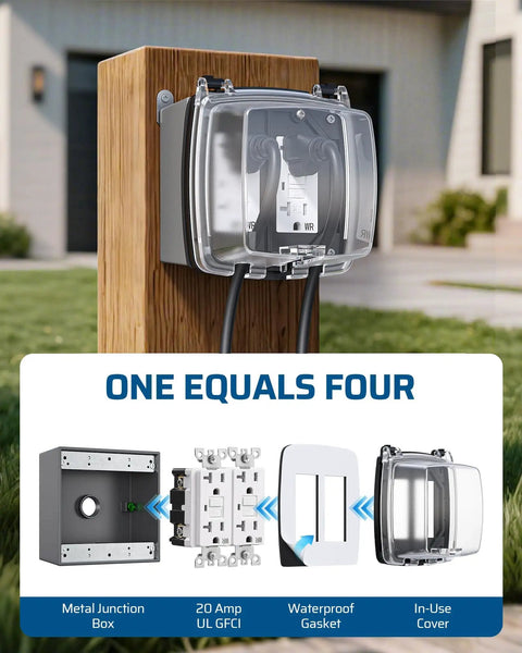 Installed Heavy Duty Outdoor GFCI Outlet Kit with self-test in weatherproof metal box, 20 Amp NEMA 5-20R for garden and yard use.