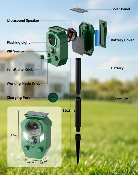 Four Pack Solar Motion Sensor Animal Deterrents With LED Strobe Lights Waterproof Outdoor Ultrasonic Repellent For Deer Dogs Cats Raccoons Skunks Coyotes Protect Your Garden Yard And Lawn, 15.2 in