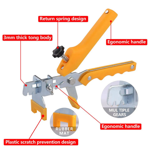 Pro Grade Tile Leveling System Kit showing tile plier with ergonomic handle and rubber mat detail for ceramic tile installation