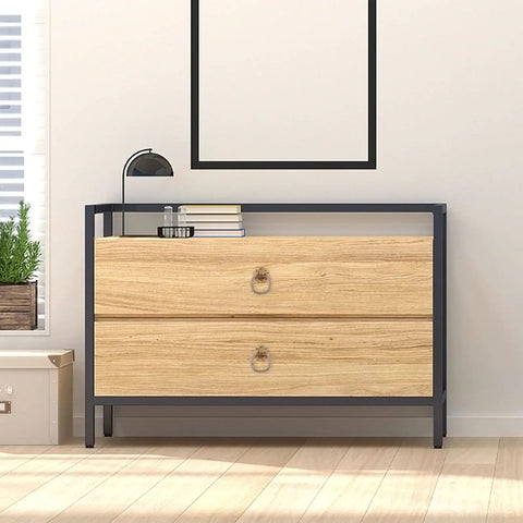 Rustic Rope Drawer Pull Handle In Black Metal For Cabinets And Dressers on a wooden dresser in a modern room.