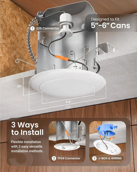 Top Shelf 24 Pack 6 Inch Flush Mount Led Ceiling Lights featuring smooth dimming, E26 connector, and installation details.