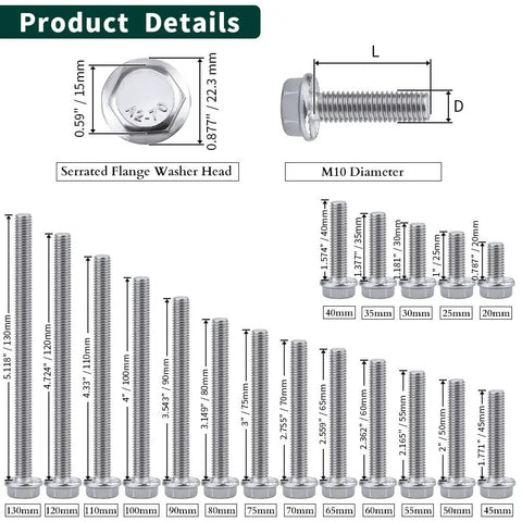 Heavy Duty Badass M10 Hex Flange Bolts Featuring Serrated Locking Flanges And Rust Resistant 304 Stainless Steel Construction For Rock Solid Assembly On Trucks And Gear Built Tough To Last, various sizes with serrated flange heads.