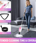 Fast Heat Up Steam Mop And Portable Handheld Steamer For Hardwood Floors Carpet Tile Grout Knocks Out Grease And Stuck On Messes Leaves Floors Completely Dry And Spotless Total Cleaning Game Changer used by a woman on tile.