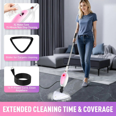 Fast Heat Up Steam Mop And Portable Handheld Steamer For Hardwood Floors Carpet Tile Grout Knocks Out Grease And Stuck On Messes Leaves Floors Completely Dry And Spotless Total Cleaning Game Changer used by a woman on tile.