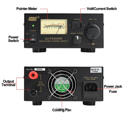 Front and back view of Beefy 13.8V 30A Bench Switching Power Supply For Ham Radios Regulated Analog DC Source with controls labeled