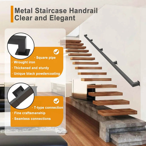 Beefy Black Wrought Iron Stair Railing Kit With Wall Mounted Handrails And Grip Tight Square Tube Handle For Zero Stress Setup And Rock Solid Indoor Or Outdoor Safety Backing on modern staircase.