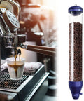 Next Level Wall Mounted Coffee Bean Dispenser With Large Capacity Aluminum Sealed Jars 2 Pack Blue next to an espresso machine.