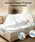 Pop Up Mosquito Net Bed Tent With Head Net And Drawstring Backpack, No Assembly Grab And Go Convenience For Camping And Travel, Blue 78 By 31 By 22 Inch, Double Zipper, Folds To 13.4 Inch Round shown on bed