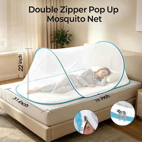 Pop Up Mosquito Net Bed Tent With Head Net And Drawstring Backpack, No Assembly Grab And Go Convenience For Camping And Travel, Blue 78 By 31 By 22 Inch, Double Zipper, Folds To 13.4 Inch Round shown on bed