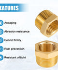 Two brass reducer hex bushings, 3/8 in NPT male to 1/4 in NPT female, brass pipe fittings.