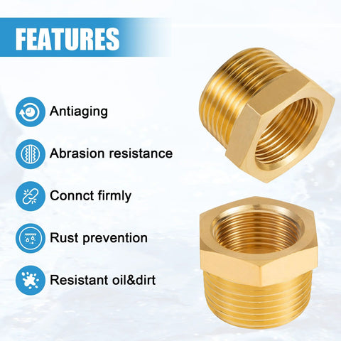 Two brass reducer hex bushings, 3/8 in NPT male to 1/4 in NPT female, brass pipe fittings.