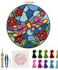 Dragonfly Punch Needle Kit For Adults Beginners Colorful Flower Embroidery Starter Set with tools and yarn shown