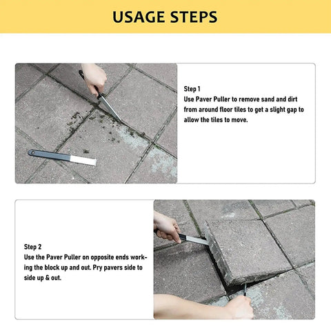 2 Pack Paver Puller Tool With Micro Teeth Joint Scraper And Gripper Slots for lifting pavers shown lifting block from patio