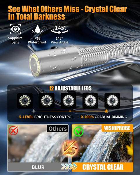 100ft Drain Camera Kit With Four Point Three Inch Screen And 23mm 1080P Probe, 8500mAh Battery, 32GB Recording, IP68 Waterproof Endoscope For Pros And Industrial Pipe Inspections, Night Vision, 12 LED Lights, probe close-up