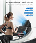 Woman using treadmill with 8 Inch Clip On Fan With 10000mAh Battery, All Day Cordless Power, Strong Airflow, 2 In 1 Clip On Fan