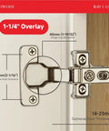 1-1/4 inch overlay 40mm cup cabinet hinge showing dimensions for kitchen renovations and DIY projects in satin nickel.