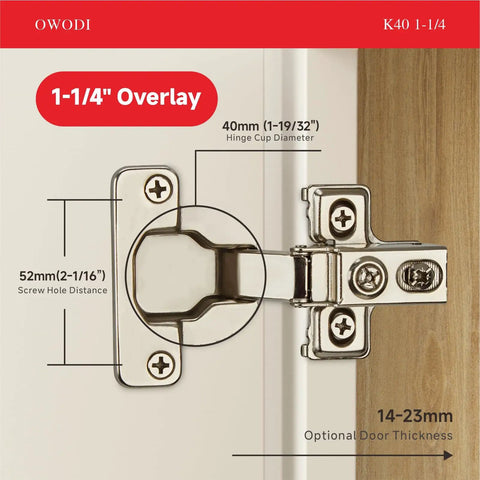 1-1/4 inch overlay 40mm cup cabinet hinge showing dimensions for kitchen renovations and DIY projects in satin nickel.