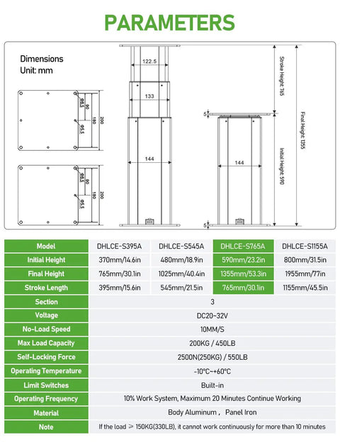 Heavy Duty Electric Lift Table Motorized Lifting Column 450 Lbs Capacity dimensions chart with height and load specifications