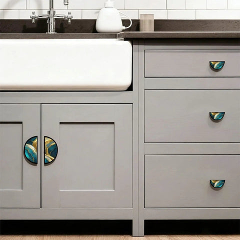 Two Pack Dope Teal White Gold Fluid Art Cabinet Pulls With 3 Inch Hole Center Black Semicircle Drawer Handles on Grey Cabinets