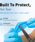 Blue nitrile gloves close-up showing 8.5 mil industrial thickness and textured grip