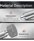 Material description of Heavy Duty Slick Quick Release Plunger Pins Featuring M6 Spring Locking Latch System, showcasing stainless steel and knurled handle.