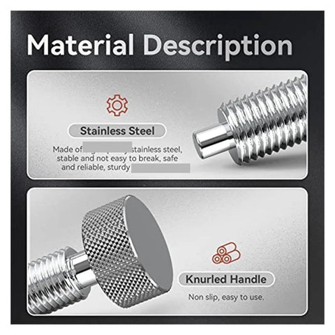 Material description of Heavy Duty M6 Plunger Pins, 2 Piece Quick Release Spring Latch For Tool Chests And Drawers, showing stainless steel and knurled handle.