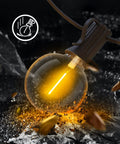 Close-up of a glowing G40 bulb from 50Ft Outdoor String Lights With 48 Dimmable G40 LED Bulbs Shatterproof UL Listed Waterproof Globe Lights