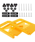 Rock Solid Woodworking Table Saw Safety Guard Extended Version With Bright Yellow Featherboard Jig Kit For Custom Engravers, includes yellow push paddles and hardware.