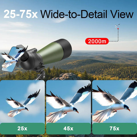 Flagship Spotting Scope 25-75x80 With Tripod For Target Shooting And Long Distance Viewing, BAK4 Prism, FMC Optics, Durable Build, Ideal For Birding, Wildlife Watching, And Range Day, 25x-75x bird view