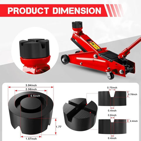 Durable Rubber Floor Jack Pad With Universal Fit on red trolley jack, cross grooved protector, crush resistant, dimensions shown