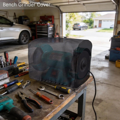 Kick Some Dust This Heavy Duty Bench Grinder Cover features tough 420D Oxford fabric, protecting a grinder on a workbench.