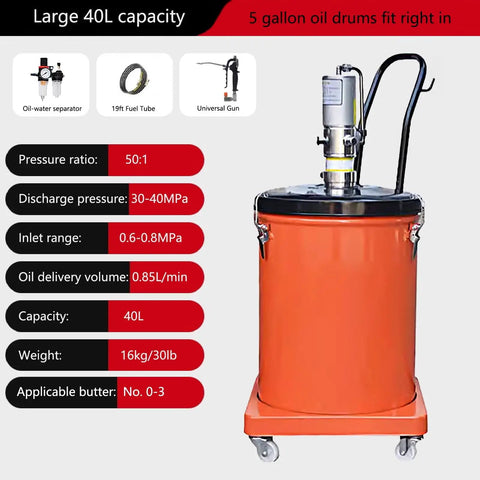 Heavy Duty Pneumatic Grease Pump Kit, 40L Capacity, 5 Gallon Drum Ready, featuring oil separator and flexible tubing.
