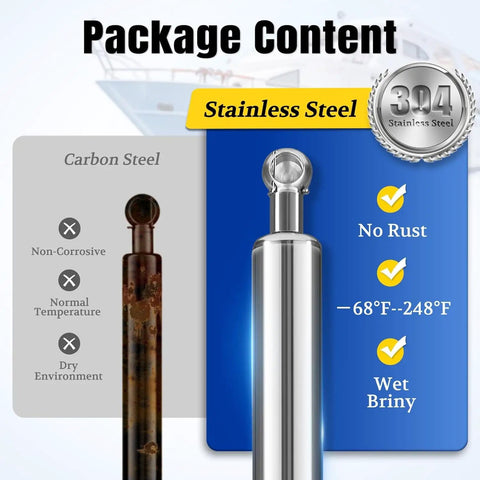 Heavy Duty 12 Inch Stainless Steel Gas Struts, showing corrosion resistance of 304 stainless steel against carbon steel.
