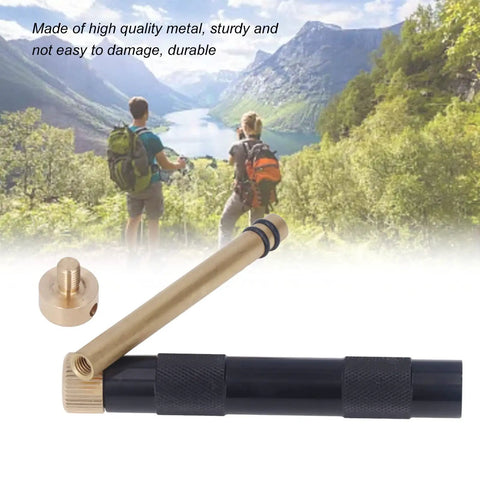 Portable 13cm Emergency Fire Piston Fire Starter shown compact with metal parts, ideal for camping and hiking use in scenic outdoors.