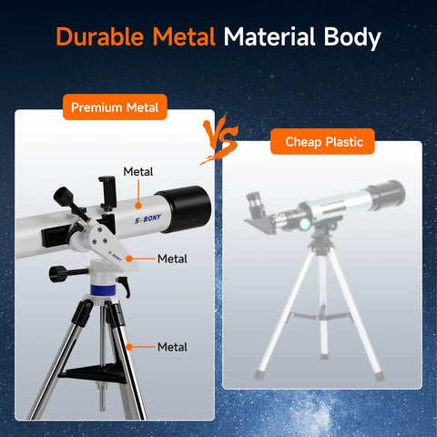 Comparison of SV520 90mm Refractor Telescope Kit For Beginners With 800mm Focal Length AZ Mount and cheaper plastic model