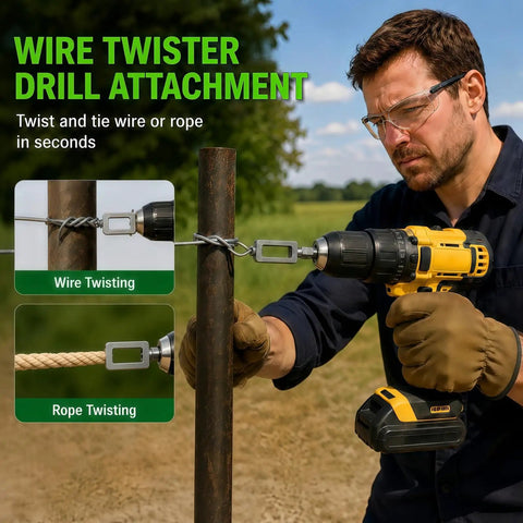 Super Heavy Duty Electric Drill Wire Twister Attachment for Fencing and Rebar Tying, alloy steel, wire and rope twisting in action.