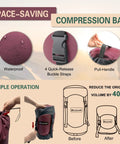 Waterproof Stuff Sacks For Camping Gear Organizer Red XXL Durable Ripstop Compression Sacks For Tents Clothes And Outdoor Gear Ideal Travel Storage And Hiking Adventure Essentials with quick-release straps and waterproof fabric.