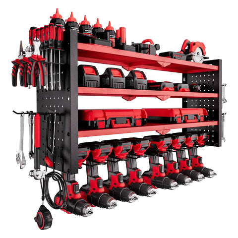 Power Tool Organizer Wall Mount 4 Layer Storage Rack with drills, side pegboards, and hooks for garage and workshop