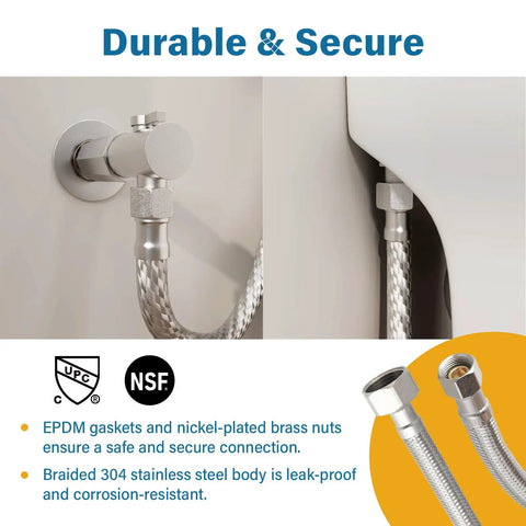 Close-up of 16-Inch Toilet Water Supply Line With Three Eighths Inch Compression To Seven Eighths Inch Ballcock Brass Nut, SUS304 Stainless Steel Braided Hose, Built To Last Inlet Connector With Anti-Leak EPDM Gasket, FL003-16, showing durable connection and material details.