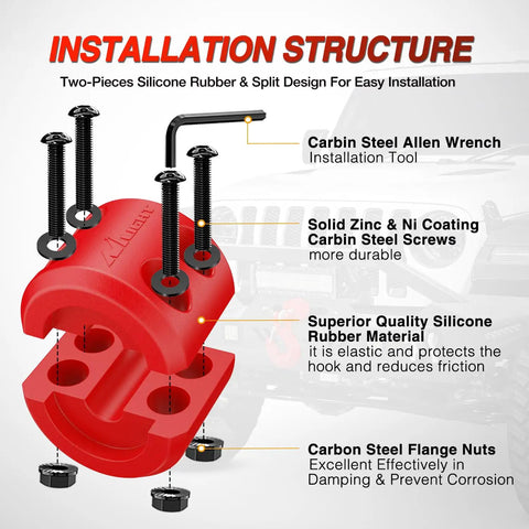 Winch Stopper For ATVs, UTVs, Trucks And SUVs - Rubber Rope Saver To Stop Cable Bounce, Prevent Loosening, And Protect Towing Hook - Includes Stainless Screws, Nuts, Allen Wrench - Red with installation details