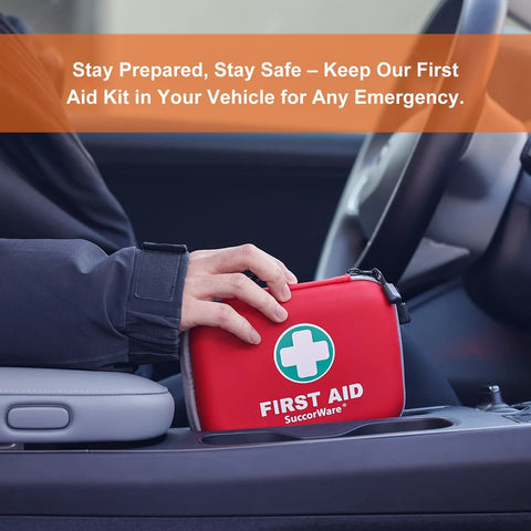 SuccorWare red mini hard-shell first aid kit in car, front view with white cross logo.