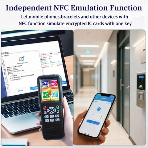 Person using X100 RFID Reader Writer All In One Multi Frequency Copier for Access Control System 125kHz 13.56MHz