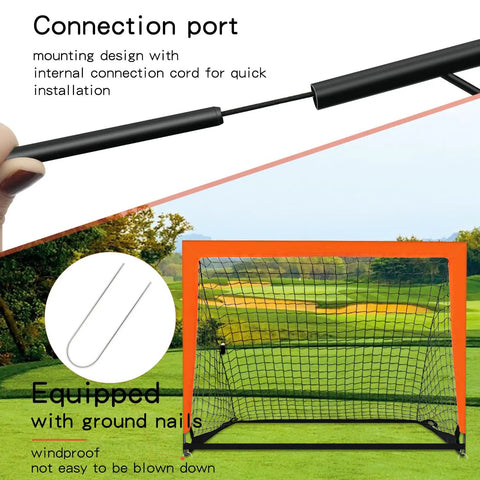Front view of 2 Pack 4 Ft By 3 Ft Portable Kid Soccer Goals For Backyard Indoor And Outdoor Pop Up Play In Orange with support frames and spikes shown