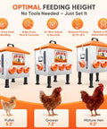 Total Game Changer 55 Pound Automatic Chicken Feeder With Eight Deep Ports And A Quick Peek Window showing adjustable heights for pullet, grower, and mature hen.