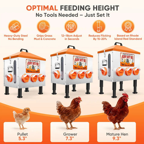 Total Game Changer 55 Pound Automatic Chicken Feeder With Eight Deep Ports And A Quick Peek Window showing adjustable heights for pullet, grower, and mature hen.