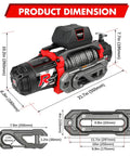 Dimensions of Beefed Up Heavy Duty 13500 Pound Electric Winch For Off Road Recovery With 12V DC Power Wireless Remote shown