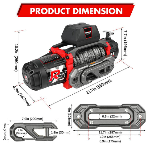 Dimensions of Beefed Up Heavy Duty 13500 Pound Electric Winch For Off Road Recovery With 12V DC Power Wireless Remote shown