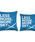 Sailplane Pilot Throw Pillow For Aero Tow Crew And Glider Fans Who Live For Silent Lift Thermals Ridge Soaring Towplane Launches Final Glide And Club Flight Days Shared By Students In Training Or Weekend Pilots showing 'Less Noise, More Sky' text and glider graphic on blue fabric.