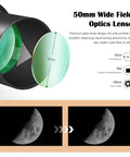Diagram of Compact 50mm Guide Scope Kit With Fully Multi-Coated Optics, showing lens layers and moon observation results.