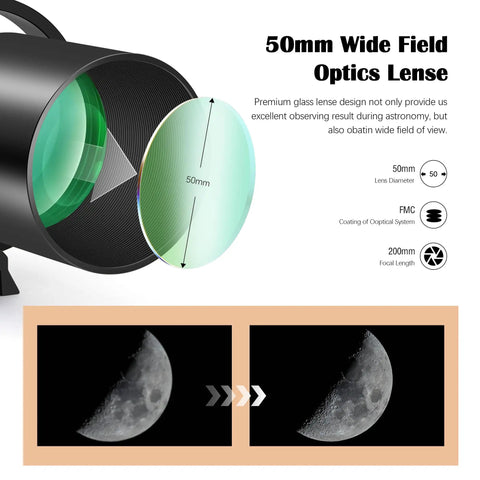 Diagram of Compact 50mm Guide Scope Kit With Fully Multi-Coated Optics, showing lens layers and moon observation results.
